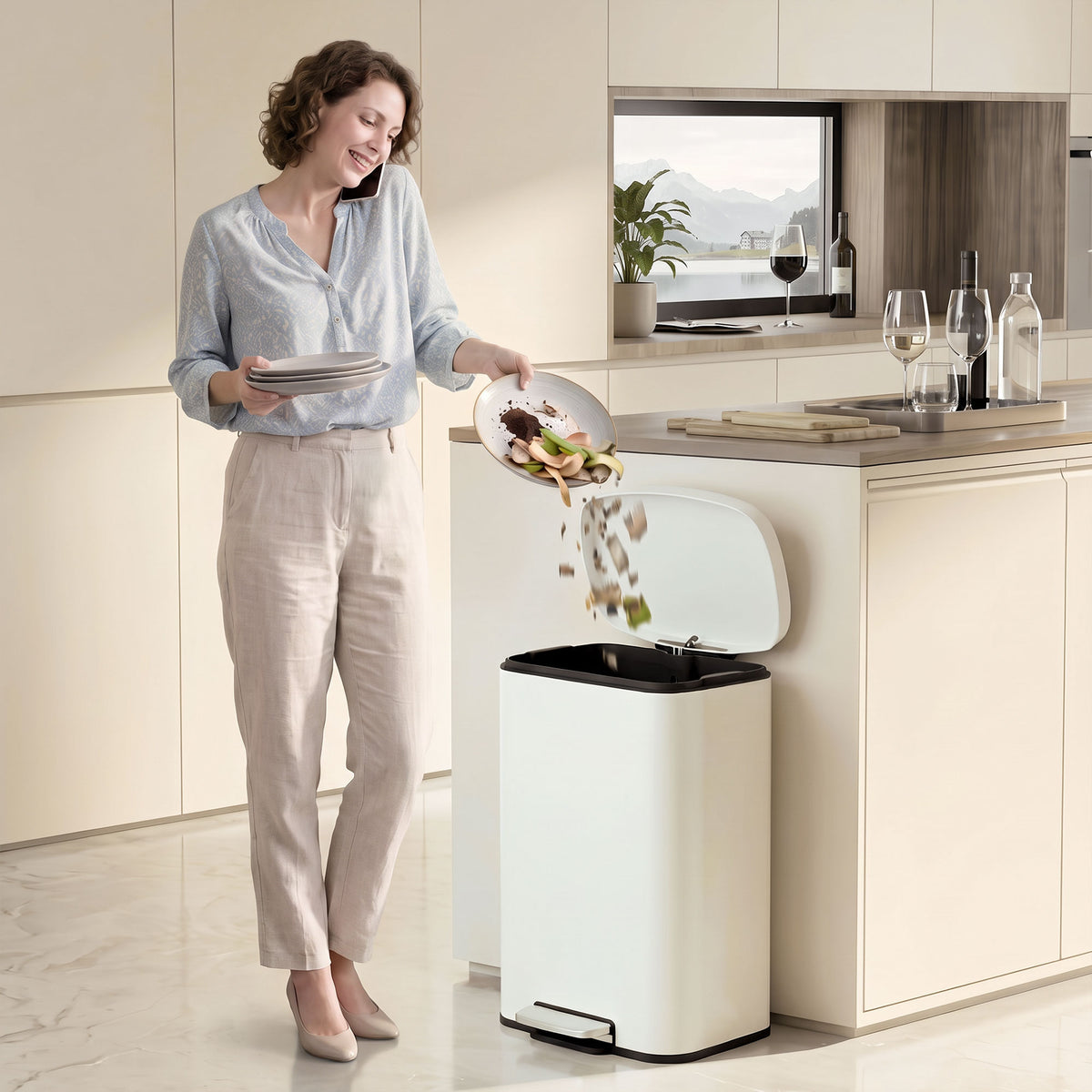HOMCOM 50L Kitchen Pedal Bin, Rubbish Bin with Soft Close, Removable Inner Bucket, Fingerprint-Resistant DC03 Steel, Beige