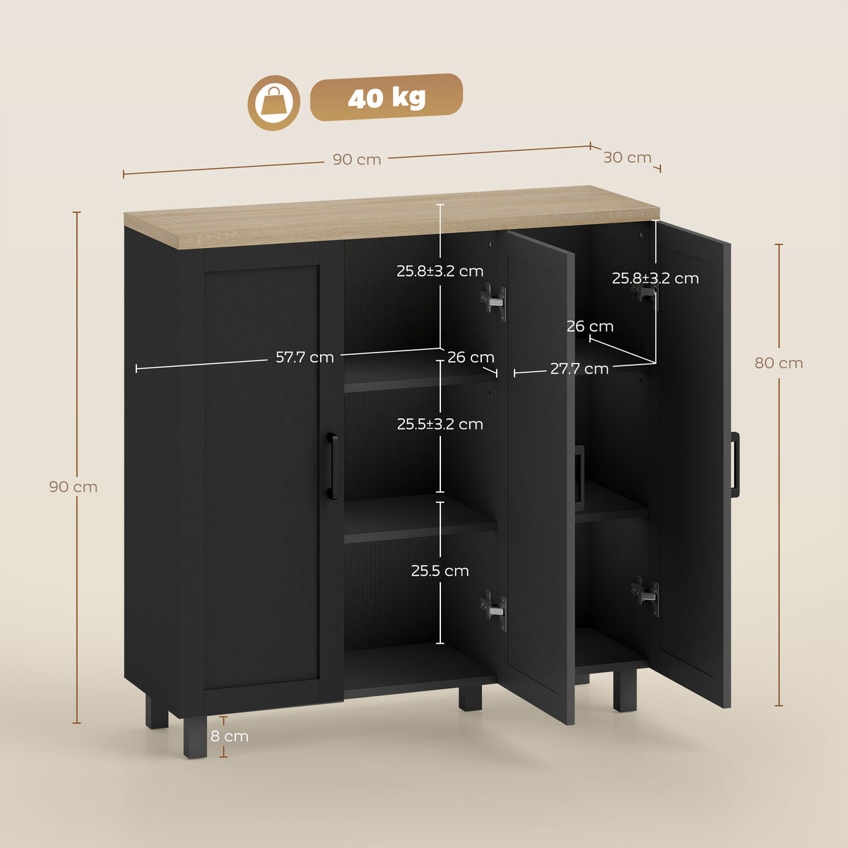 HOMCOM Sideboard Buffet Cabinet, Kitchen Storage Cabinet with 3 Doors and Adjustable Shelves for Living Room, Kitchen, Black