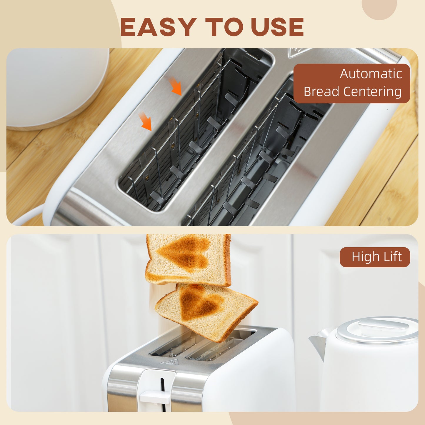 HOMCOM Stainless Steel Kettle and Toaster Set, 1.7L 3000W Fast Boil Kettle & 2 Slice Toaster Kitchen Set with 7 Level Browning Controls, Defrost, Reheat, Auto Off, Boil-dry Protection, White