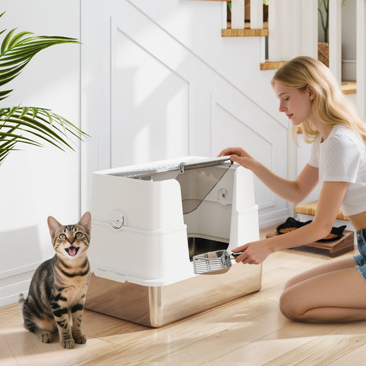 PawHut XL Stainless Steel Litter Box w/ 100Â° Flip Top, Scoop, Side Top Dual Entry, Odor Free, Easy Cleaning, Anti Leakage