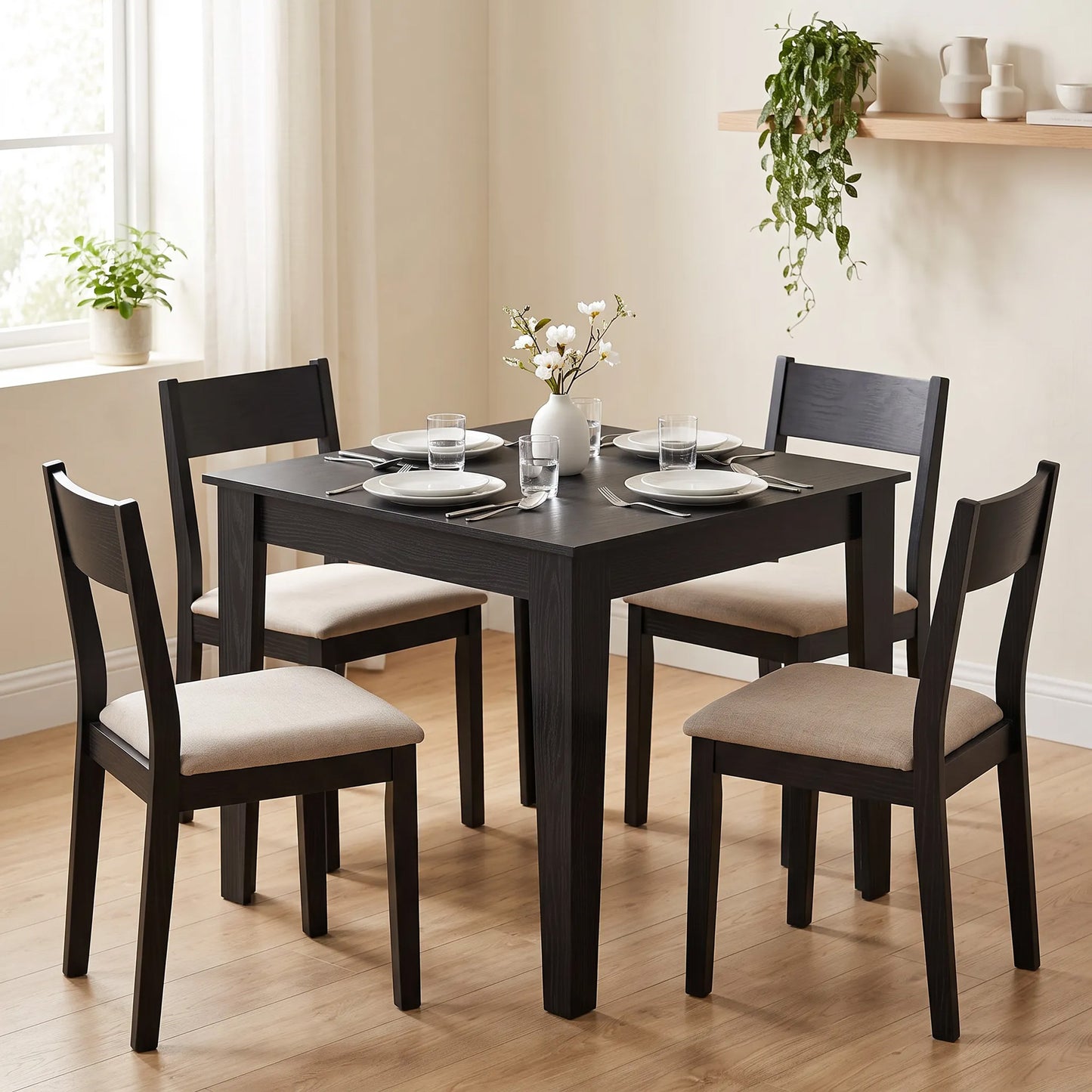 HOMCOM Dining Table for 4, 80L x 80W x 75Hcm, Modern Square Kitchen Table with Wood Effect Tabletop, Black Wood Effect
