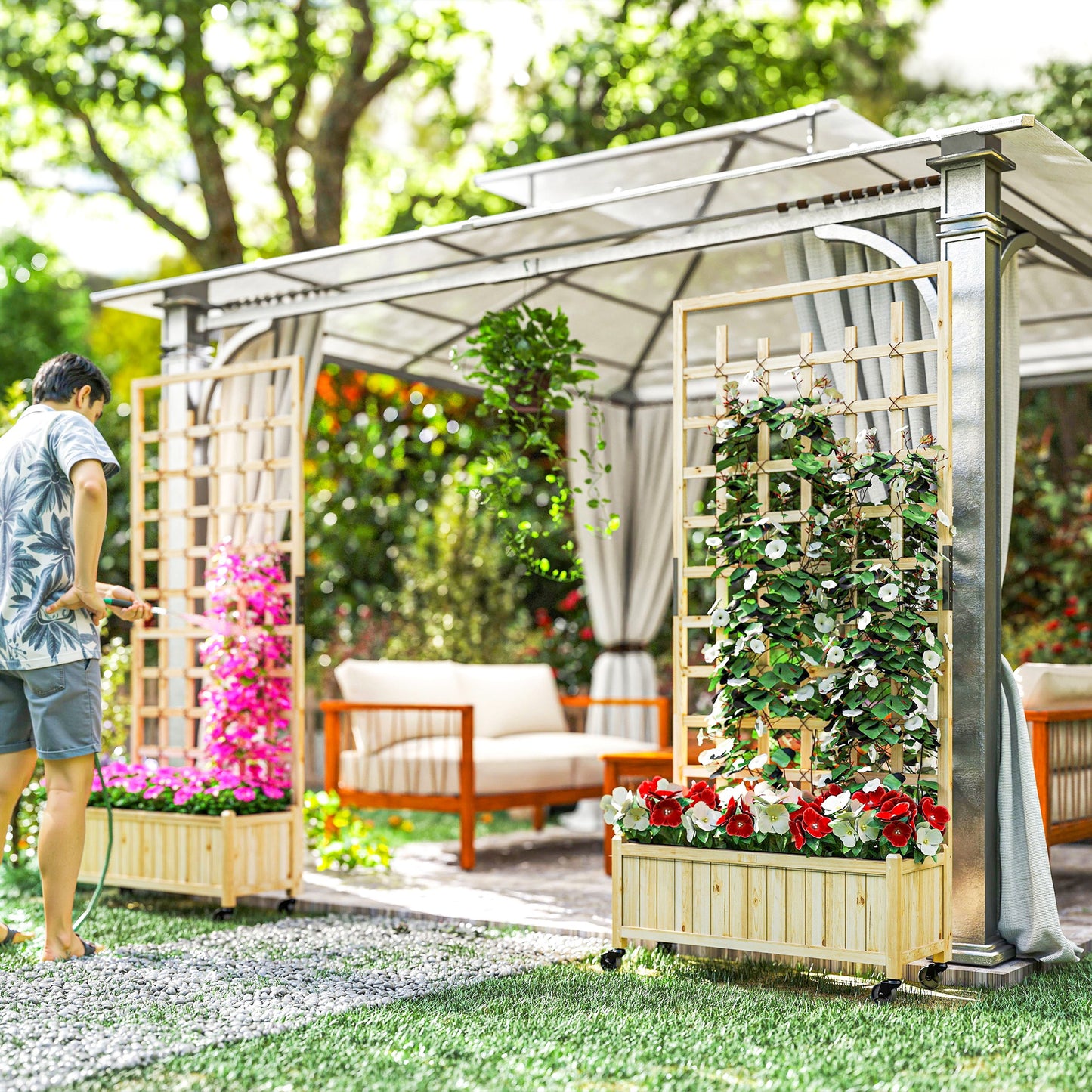 Outsunny Wooden Trellis Planter, Raised Garden Bed with Wheels, to Climb and Grow Vegetables, Herbs and Flowers, Natural