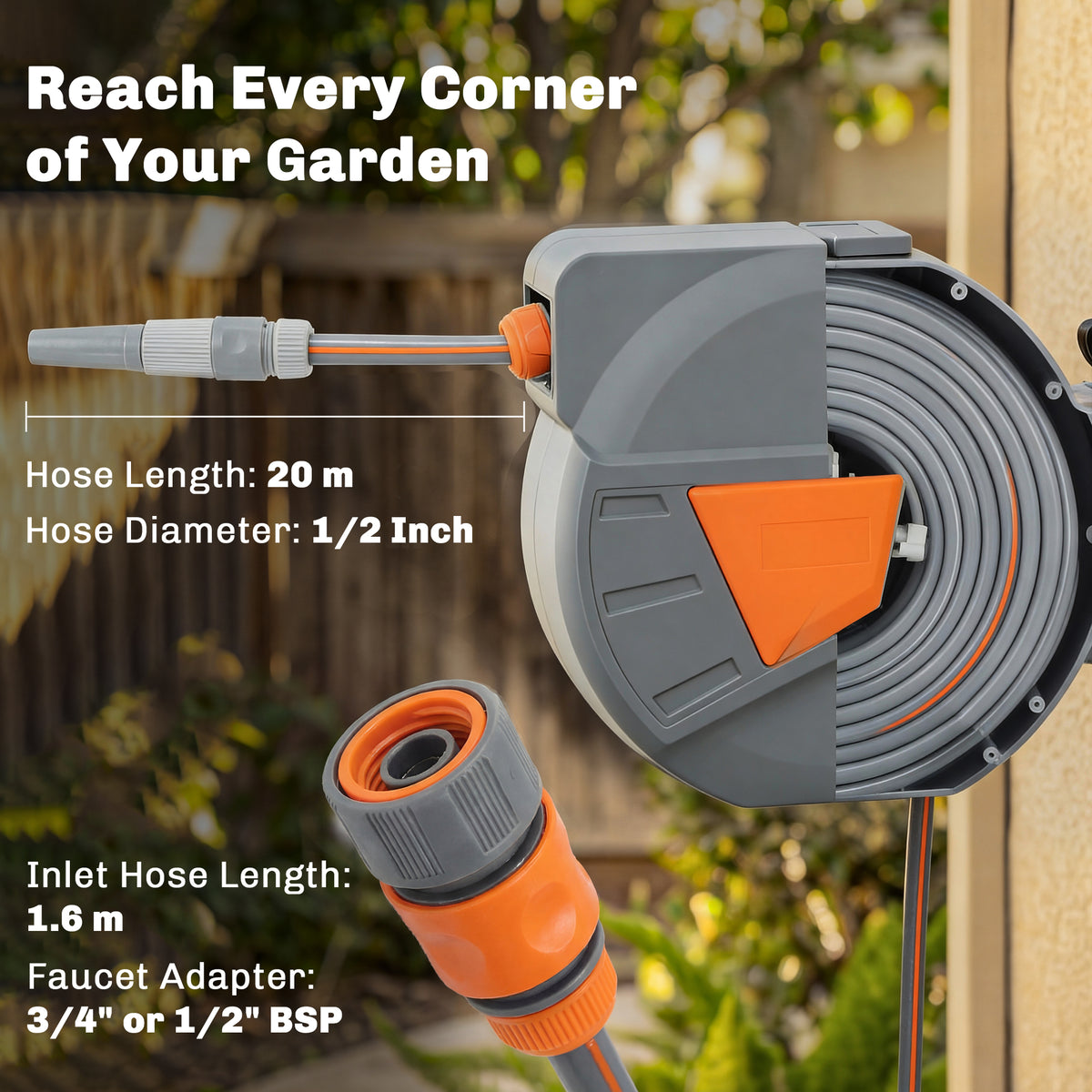 Outsunny Retractable Hose Reel Wall Mounted, 20+1.6m Garden Hose Pipe Reel with Auto Retraction, Self-Locking, Orange