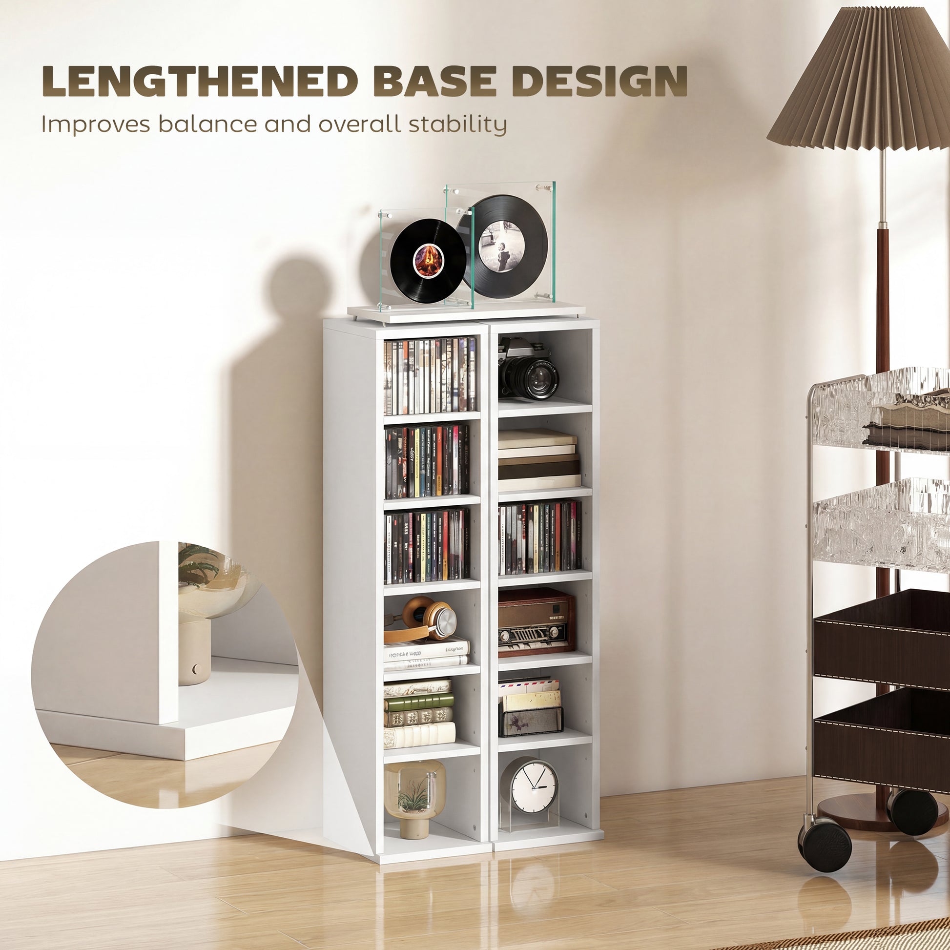 HOMCOM Set of 2 CD Media Display Shelf Unit Tower Rack with Adjustable Shelves, White