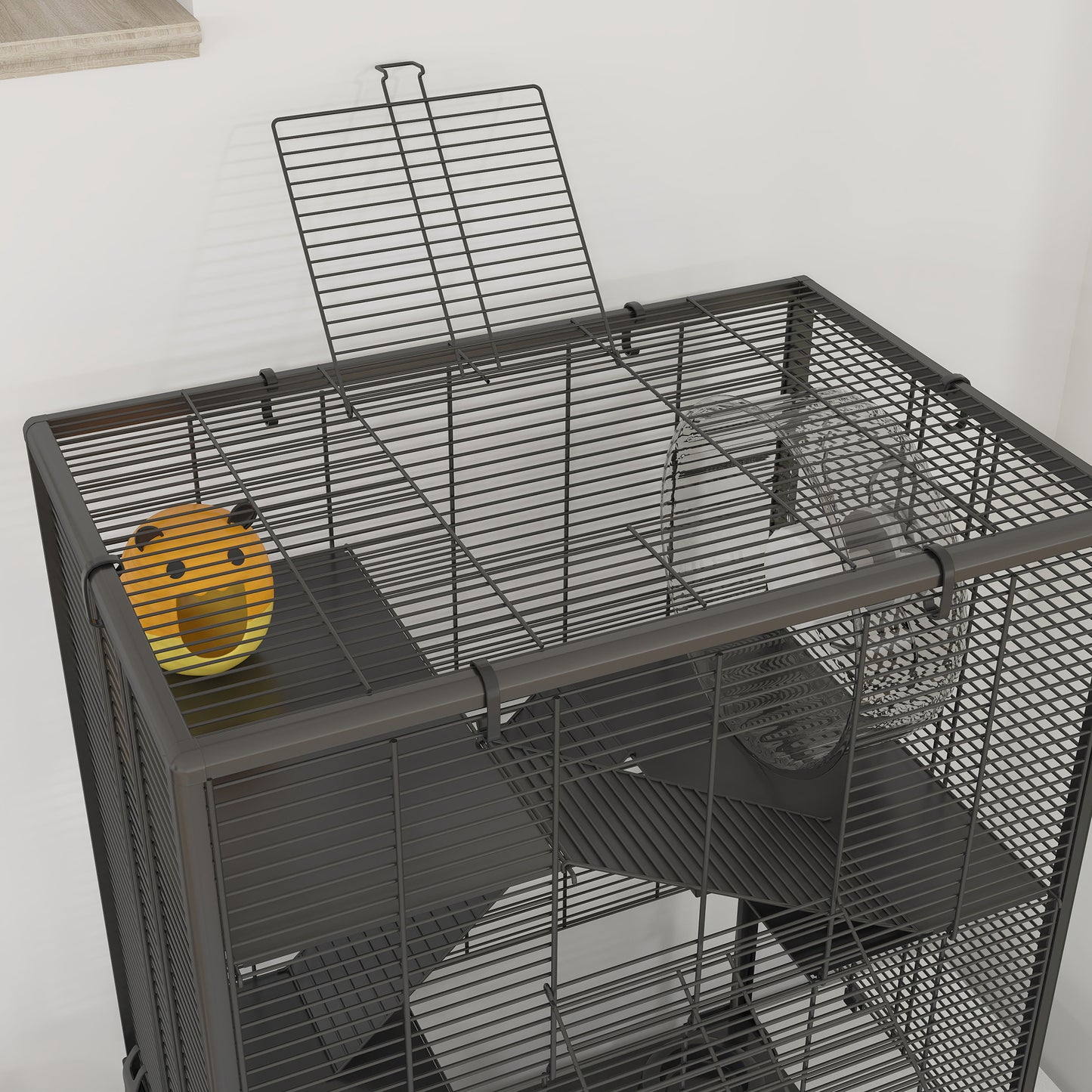PawHut Four-Tier Hamster Cage with Deep Tempered Glass Bottom, Hut, Running Wheel, Food Dish, Water Bottle, 60 x 40 x 80cm