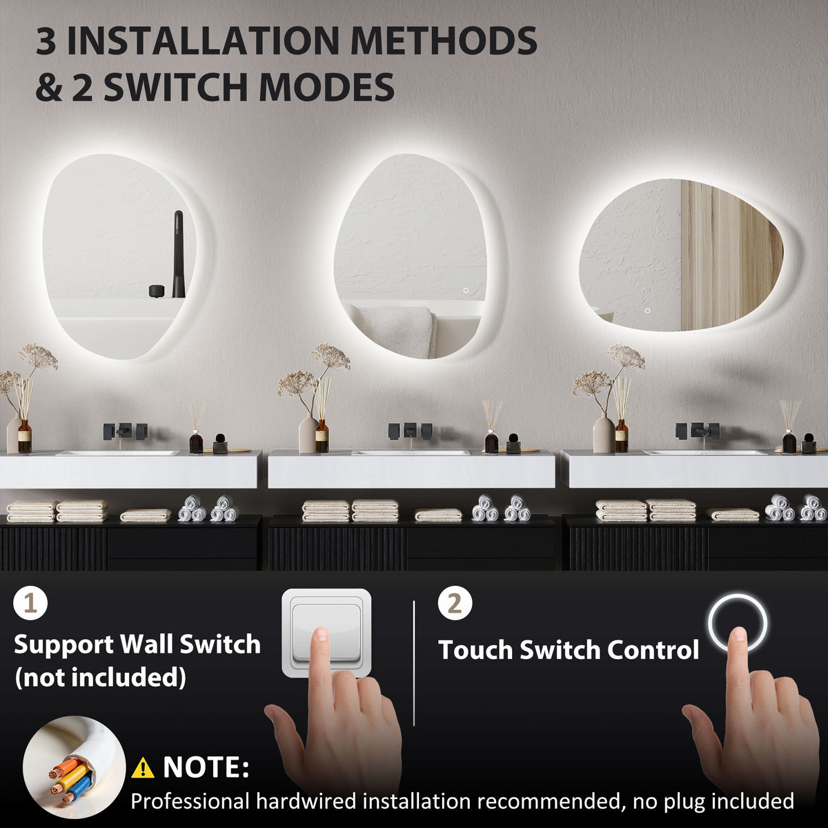 HOMCOM 80x60cm Bathroom Mirror with LED Lights, 3 Colours Dimmable, Anti-Fog, Memory & Touch Switch, IP44