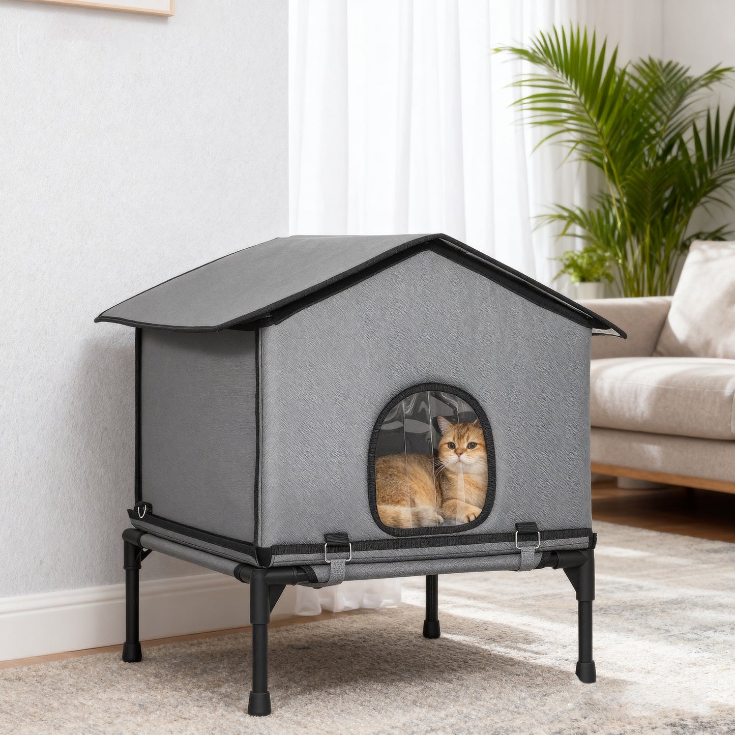 PawHut Outdoor Cat House, Waterproof Insulated Cat Kennel with Elevated Base, Foldable Feral Kitty Shelter for Kittens, Grey