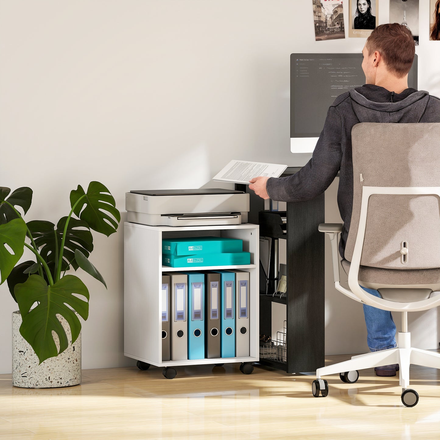 HOMCOM 2-Tier Printer Stand with Storage, Under Desk Printer Cart on Wheels, White