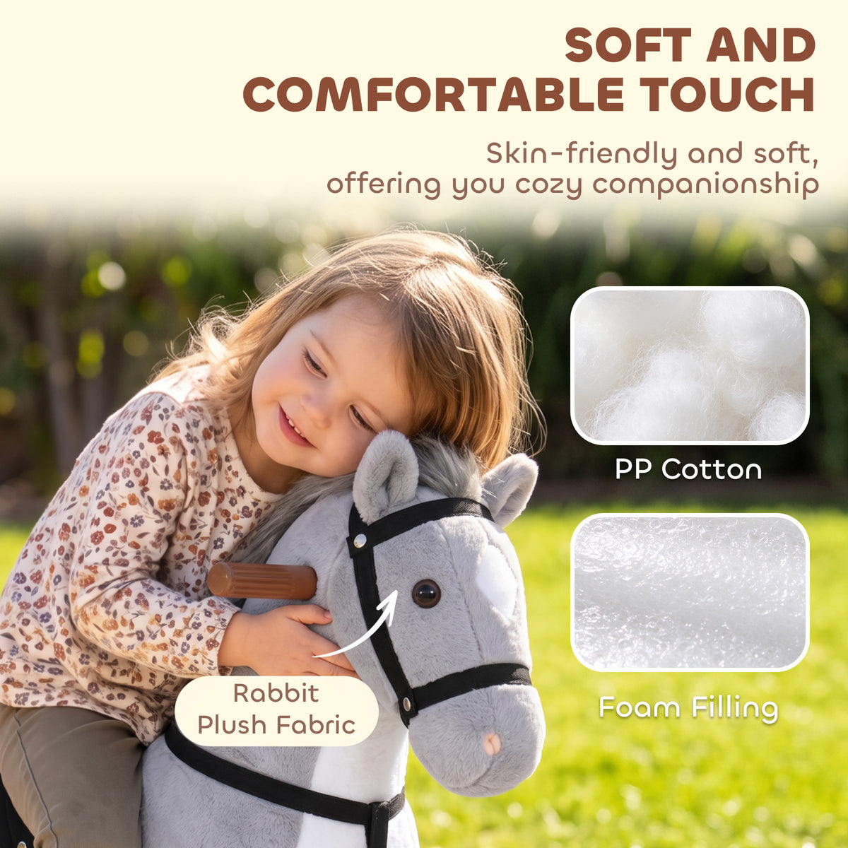 AIYAPLAY Rocking Horse, Plush Ride On Horse with Hoof Sounds, Music, Rolling Wheels and Pedal for 3-7 Years, Up to 50kg, Grey