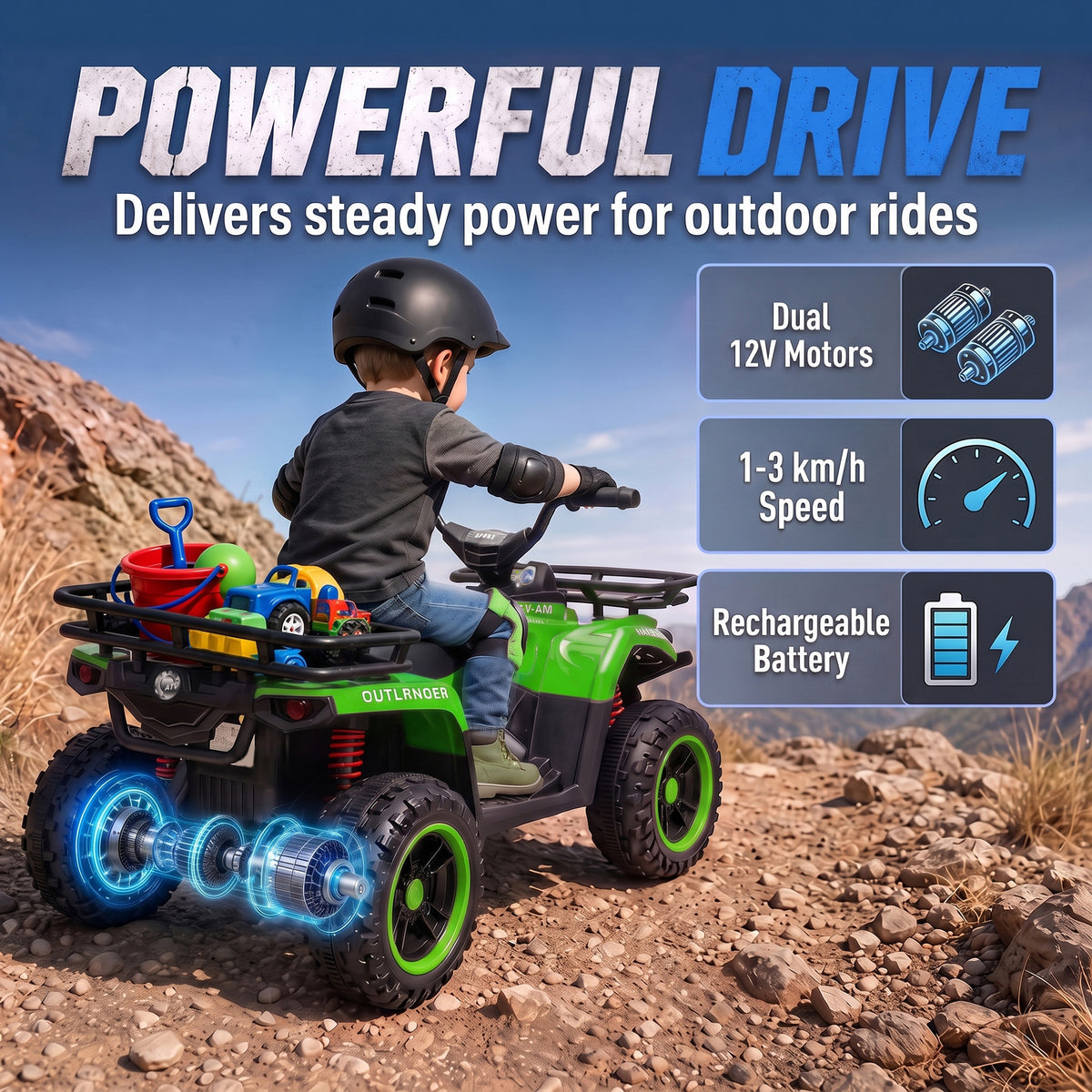AIYAPLAY 12V Kids Electric Quad Bike, Ride on ATV with Dual Motors, Soft Start, Storage, Music, Lights for 3-8 Years, Green