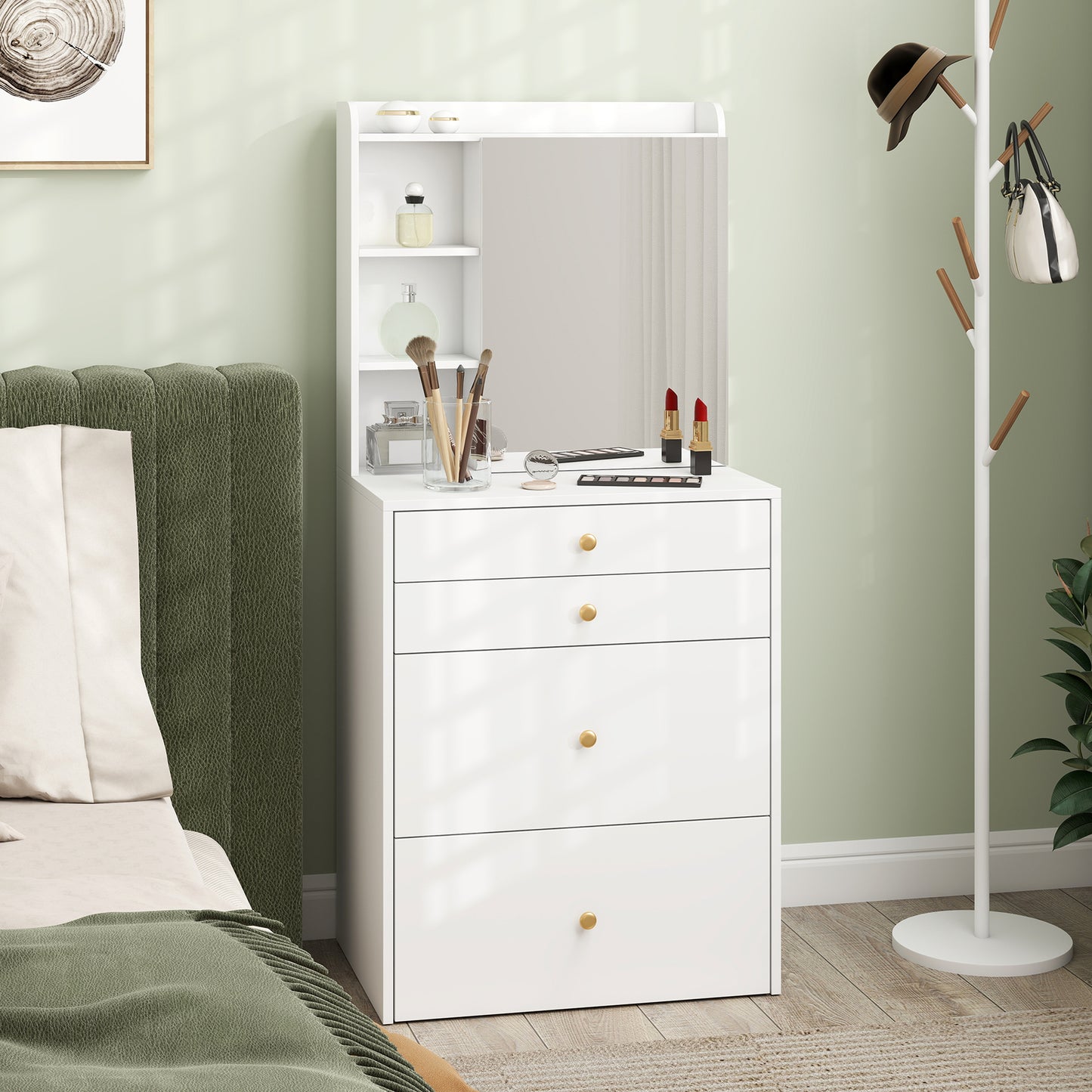 HOMCOM Dressing Table with Mirror and Mobile Storage Stool, Compact Vanity Table with Cabinet, Drawers, Open Shelves, White