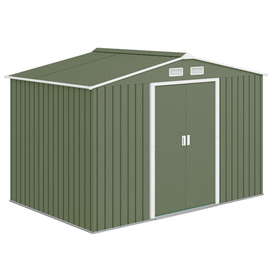 Outsunny 9 x 6ft Metal Garden Shed, Waterproof Outdoor Bike Storage Shed Galvanised with Vents, Foundation Kit, Apex Roof and Lockable Double Doors for Patio Lawn, Light Green