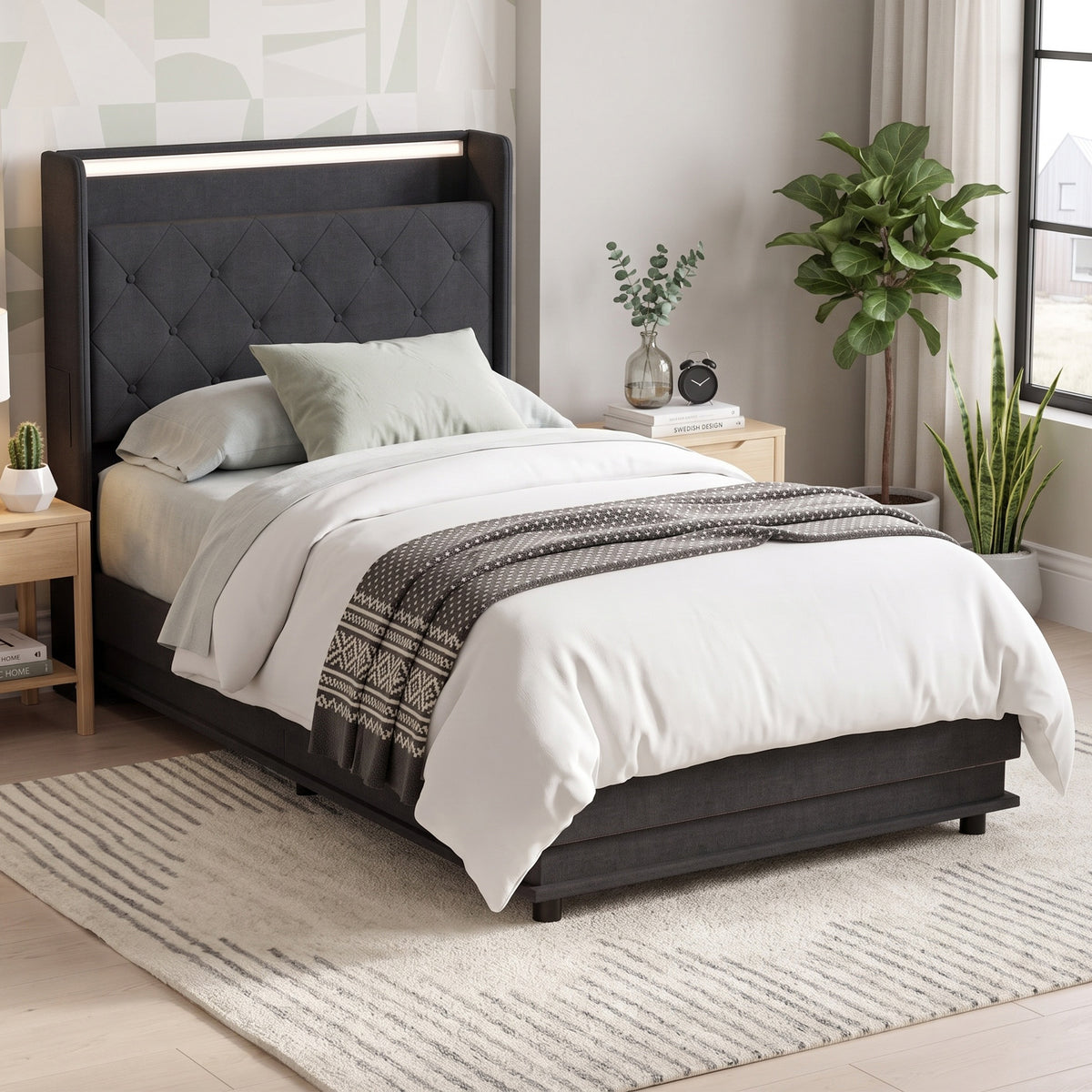 HOMCOM 3ft Single Bed Frame with Headboard, Platform Bed Frame with Hydraulic Storage, LED Lights and Charging Station, Black