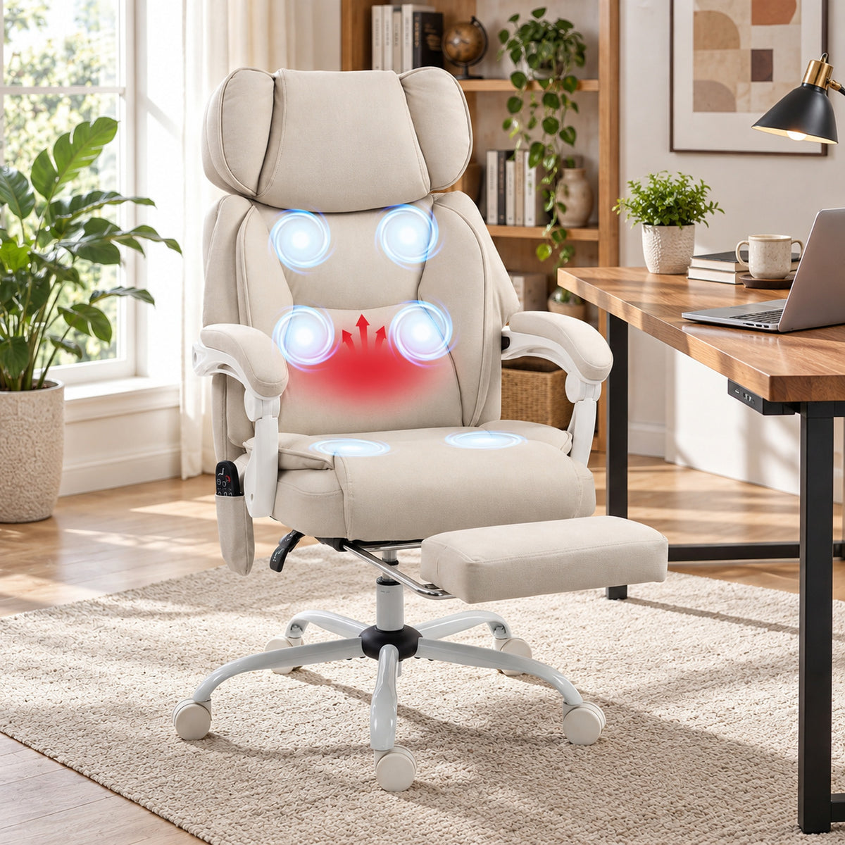 HOMCOM Office Chair with Massage, Heat, Adjustable Headrest, Leathaireâ€Œ Reclining Desk Chair with Footrest, Cream White