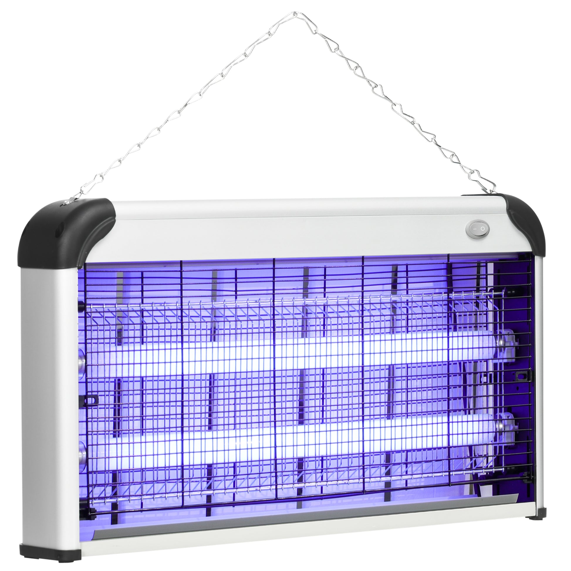 Outsunny 30W Electric Fly Zapper, Bug Zapper with UK Plug, 2 UV Bulbs, Hanging Chain, On/Off Switch and Removable Catch Tray, 60ãŽ¡ Coverage Insect Mosquito Killer for Indoor and Outdoor Use, Silver