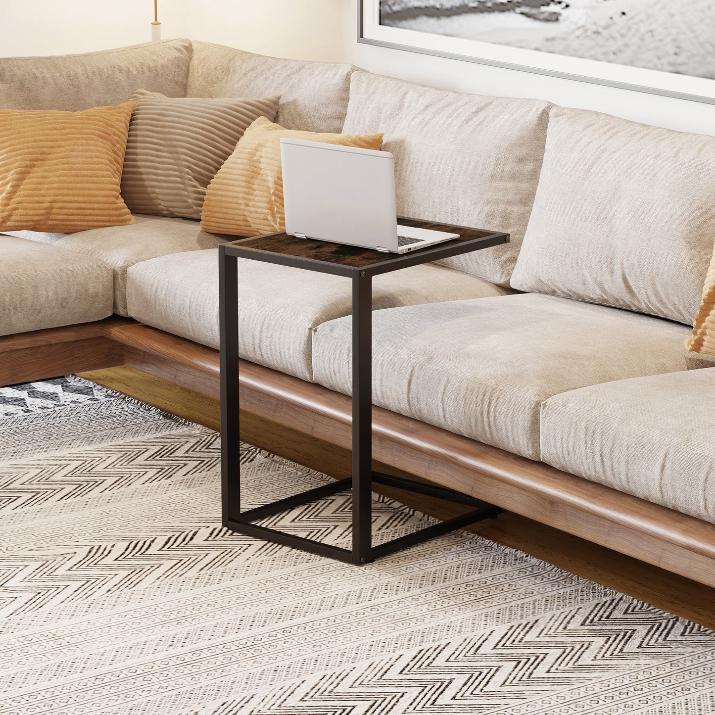 HOMCOM C-Shaped Side Table, Bedside Table with Metal Frame, Accent Sofa Couch Table for Living room, Bedroom, Brown and Black