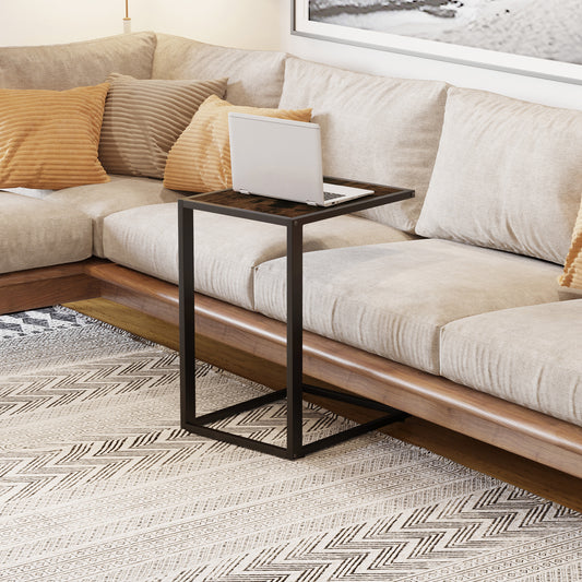 HOMCOM C-Shaped Side Table, Bedside Table with Metal Frame, Accent Sofa Couch Table for Living room, Bedroom, Brown and Black