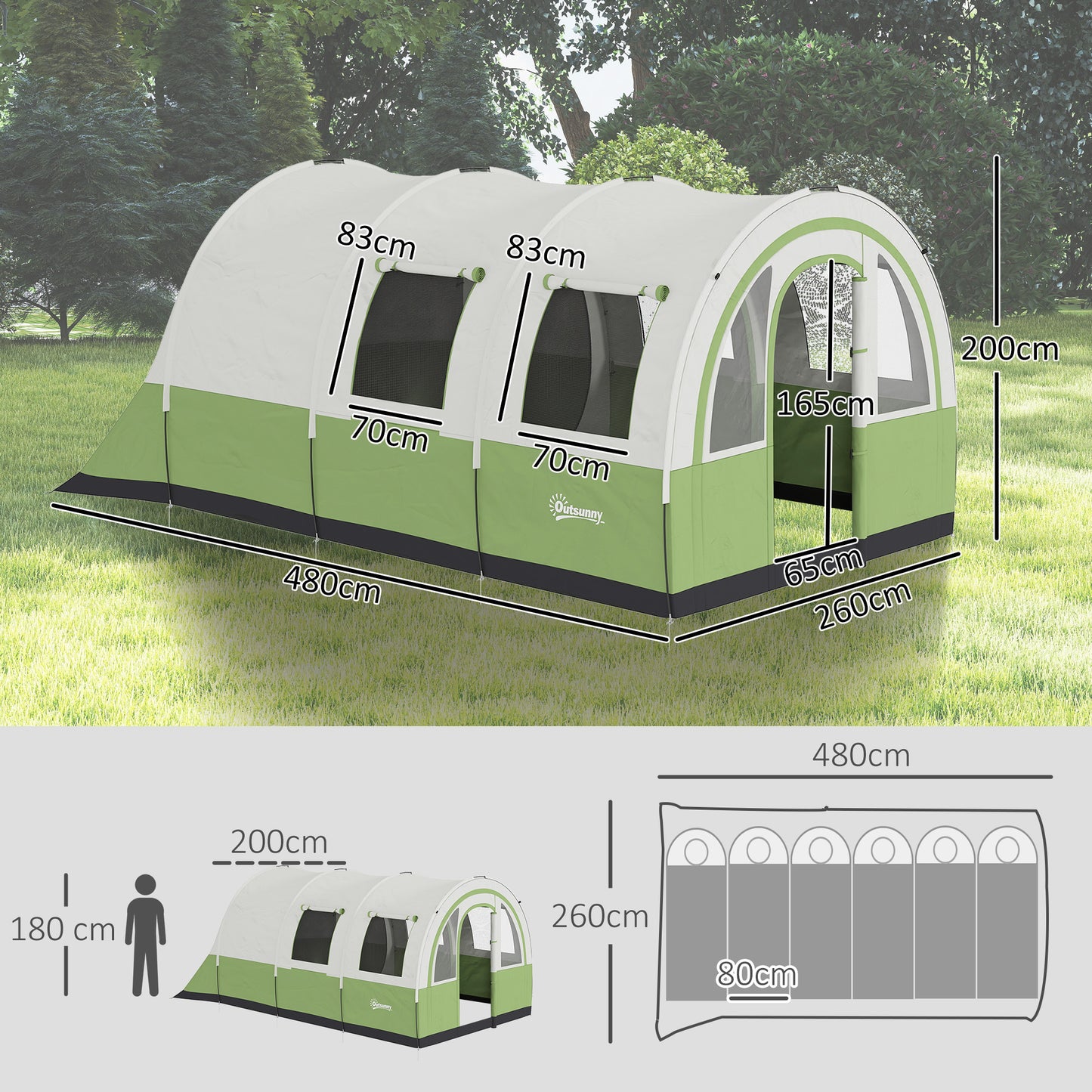 Outsunny Three Man Duo Room Tunnel Tent, with Accessories - Cream/Green