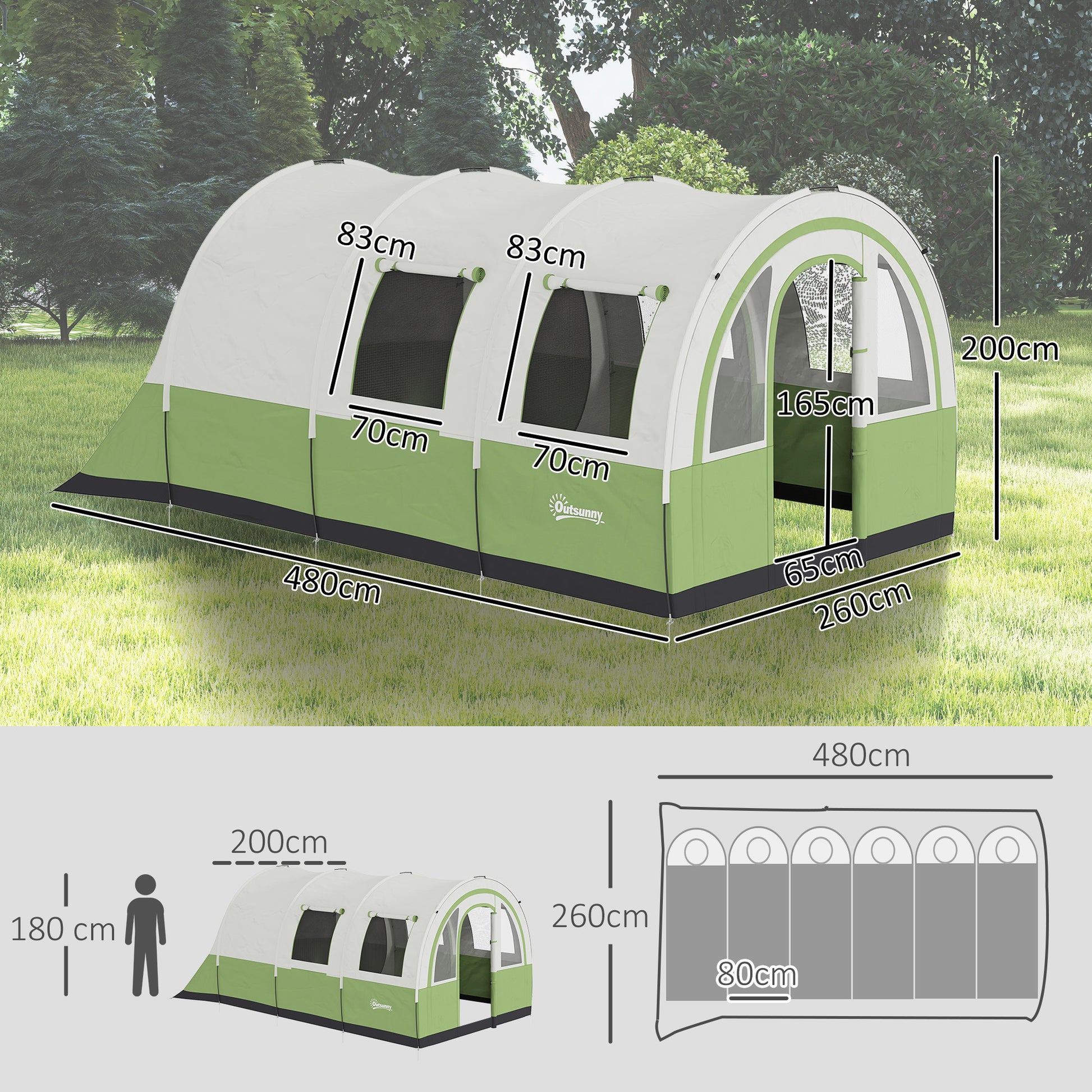 Outsunny Three Man Duo Room Tunnel Tent, with Accessories - Cream/Green