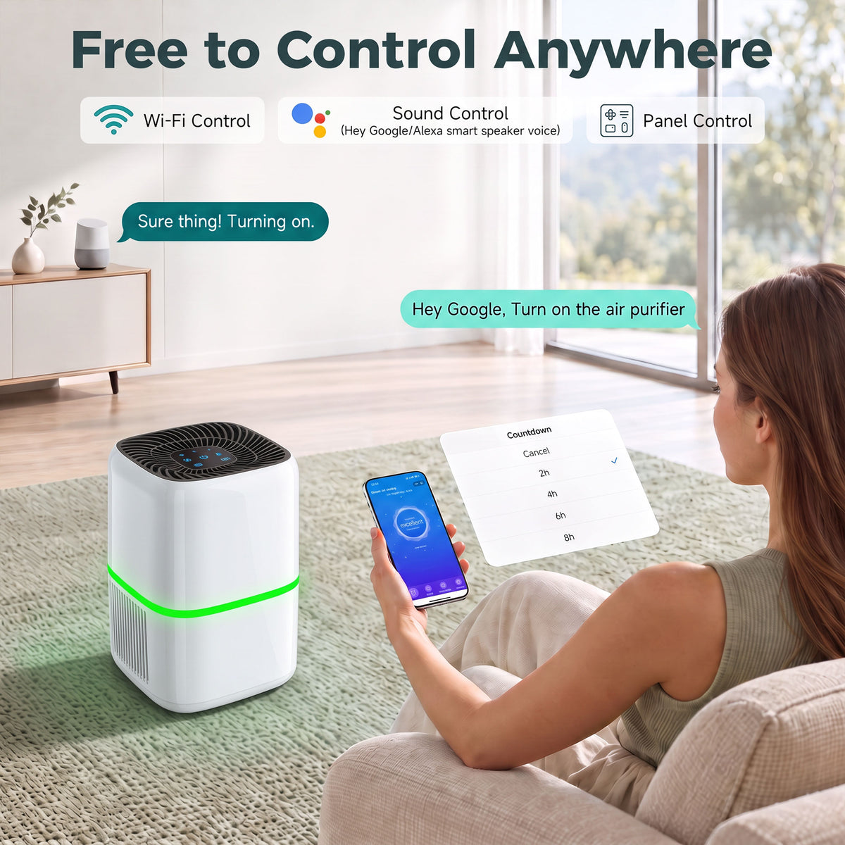 HOMCOM Smart Air Purifier for Home, HEPA Filter, Sleep/Auto Mode, 19mÂ², Air Cleaner, App/Voice Control, Quiet, Odour Indicator