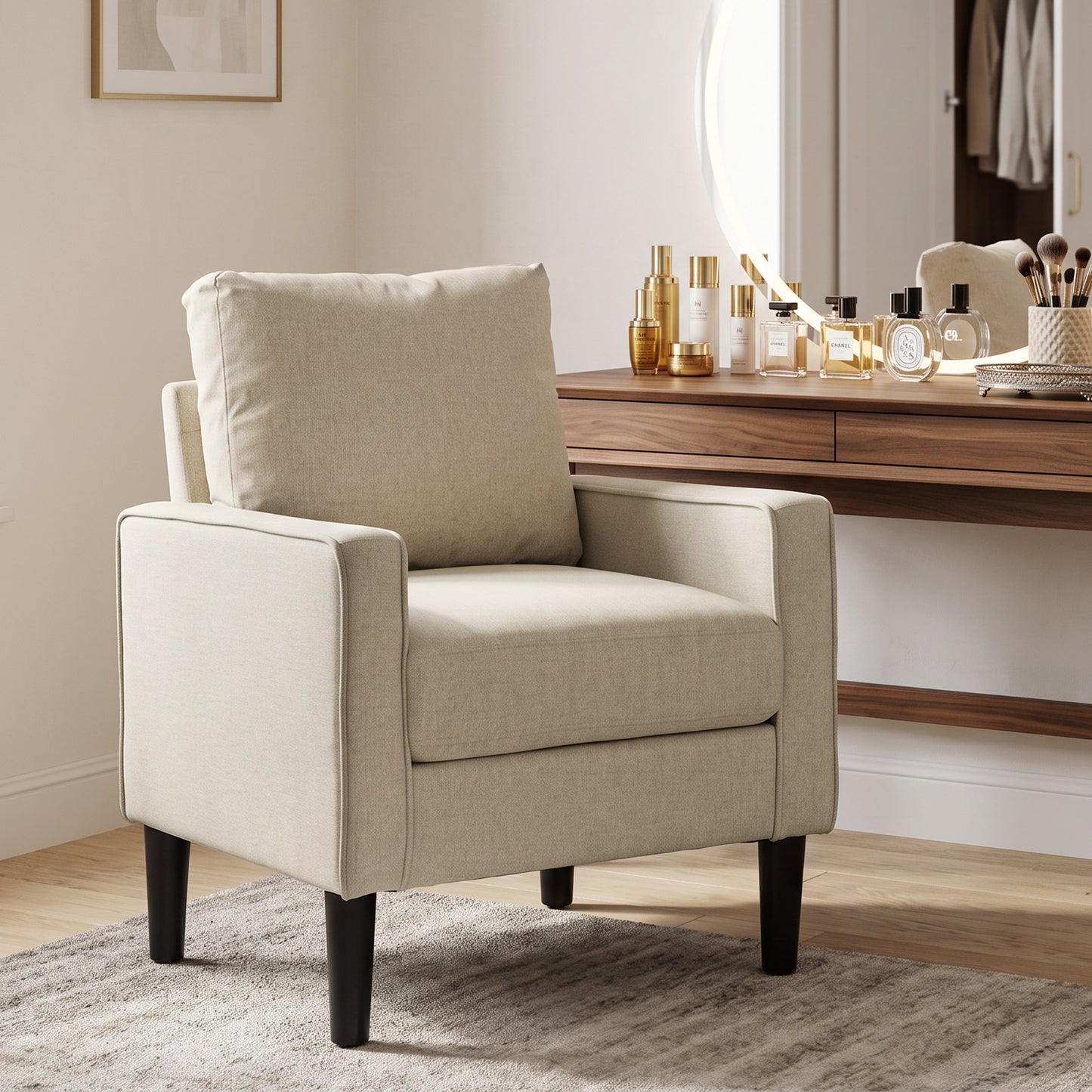 HOMCOM Accent Chair, Removable Pillow Linen Armchair with Comfy Spring Cushion for Living Room, Bedroom, Study, Cream