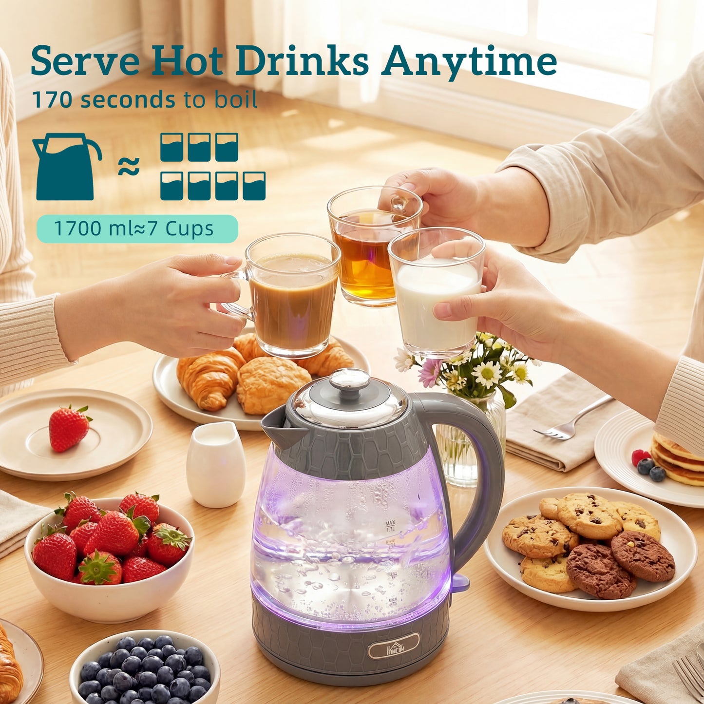 HOMCOM Kettle and Toaster Set, 1.7L 3000W Rapid Kettle with Limescale Filter, 2 Slice Toaster with 7 Browning Controls, Grey