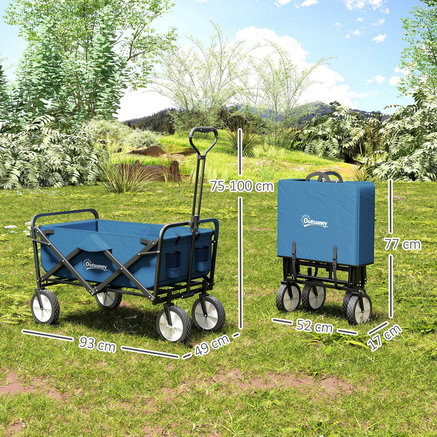 Outsunny 90L Festival Trolley on Wheels, Folding Camping Trolley Cart with Adjustable Handle, Portable for Outdoor, Garden, Shopping, Fishing, Navy Blue