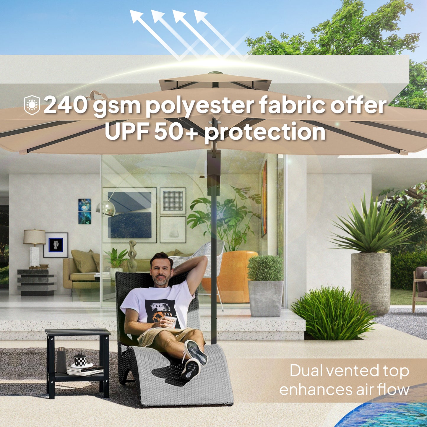 Outsunny 3.7 x 2.7 m Cantilever Parasol w/360° Rotation and Easy Tilt Adjustment, Aluminium Hanging Offset Outdoor Umbrella w/Double Top, Cross Base, UPF50+ Hanging Sun Shade, Black Pole