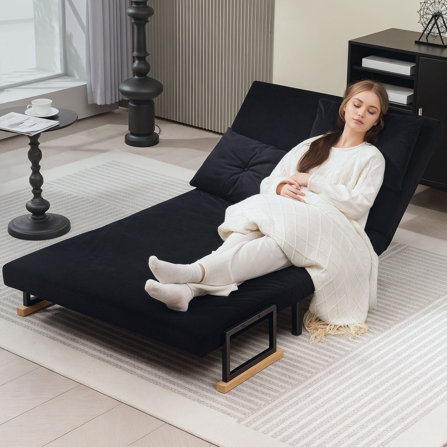 HOMCOM 4-in-1 Velvet-Feel Double Sofa Bed, with Pillows - Black