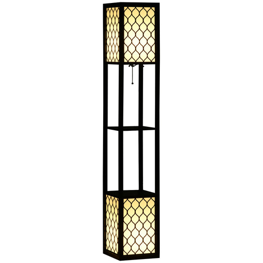 HOMCOM Floor Lamp with Shelves, Modern Tall Standing Lamps with Fabric Lampshade, Chain Switch and Dual Light for Living Room, Bedroom, Bulb not Included, Black