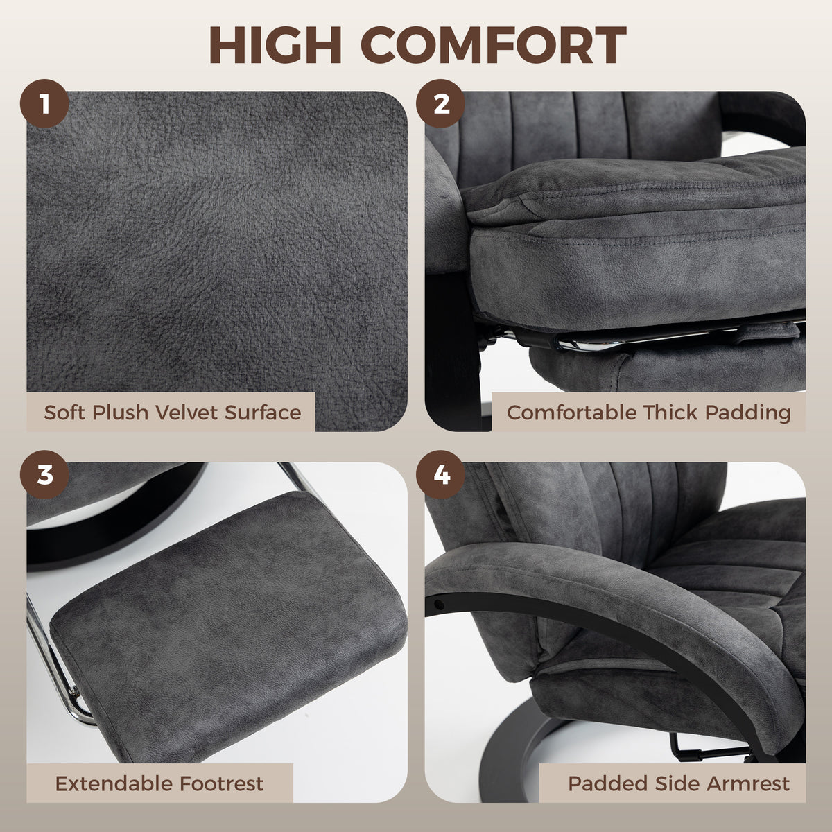 HOMCOM Swivel Recliner Chair, Velvet Recliner Armchair with Retractable Footrest, Dual-Layer Cushion, High Back, Dark Grey