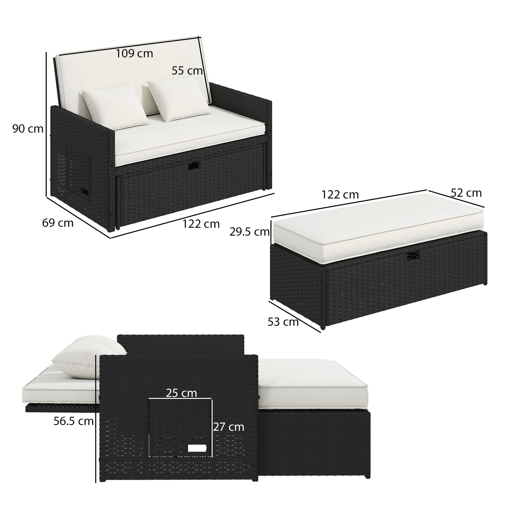 Outsunny Rattan Garden Daybed, Double Sun Lounger with 5-Level Adjustable Back, Storage Ottoman, Cream White