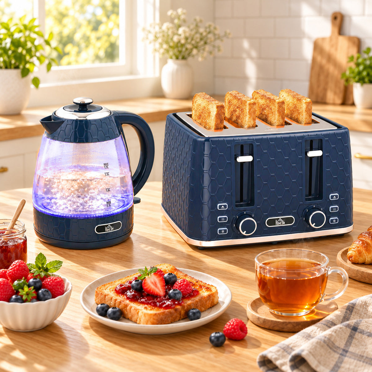 HOMCOM Kettle and Toaster Set, 1.7L 3000W Rapid Boil Jug Kettle with Limescale Filter, 4 Slice Toaster, Blue