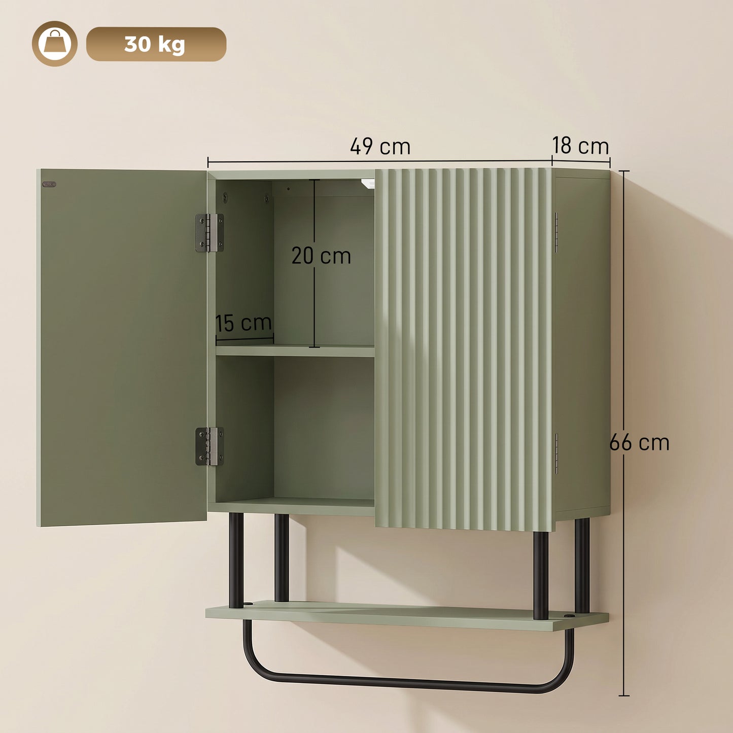HOMCOM Bathroom Wall Cabinet Modern Space Saver Wall Mounted Cabinet Doors Storage Green