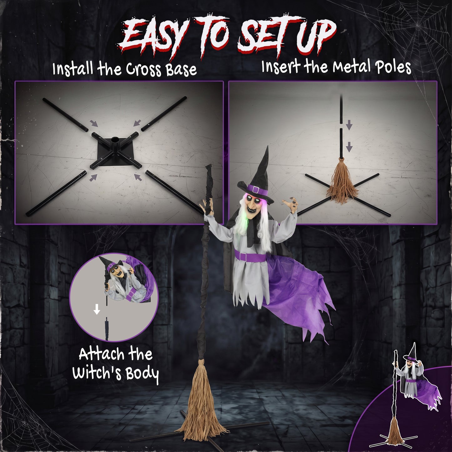 HOMCOM 200cm Life Size Animated Flying Witch Halloween Decorations Outdoor Indoor, Scary Halloween Animatronics Decor