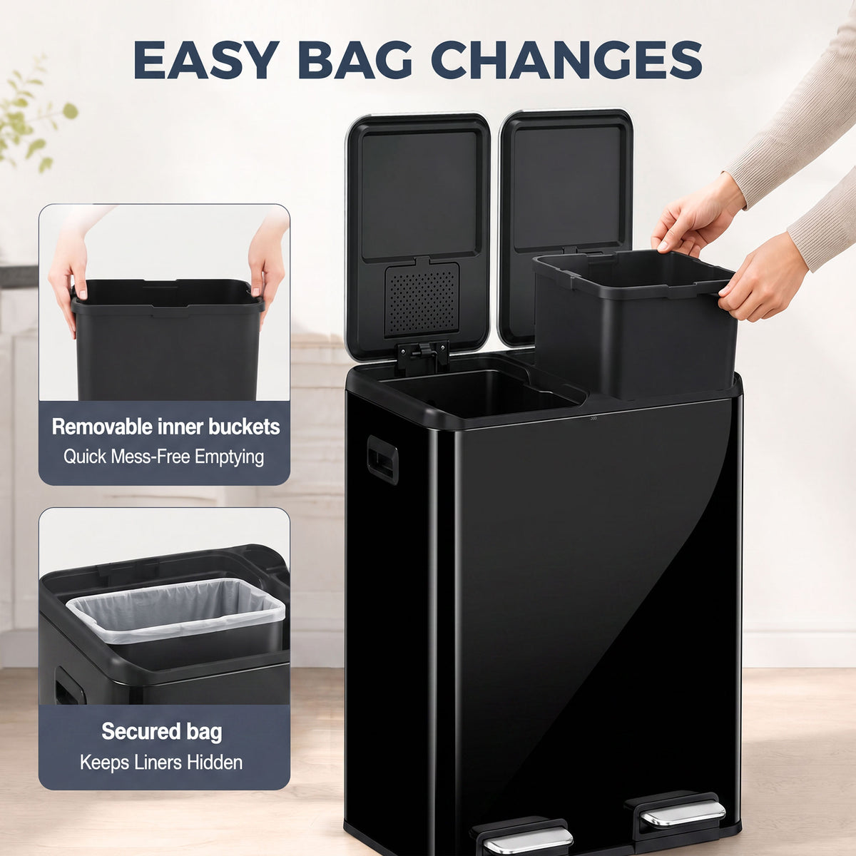 HOMCOM 2 x 30L Double Kitchen Bin, Stainless Steel Pedal Rubbish Bin with Dual Compartments, Soft Close Lids, High Gloss Black