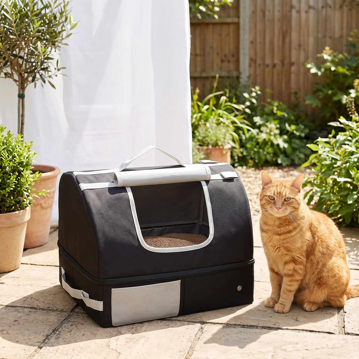 PawHut Portable Cat Litter Box with Zipper & Lid for Travel, Foldable Cat Travel Litter Tray, Black