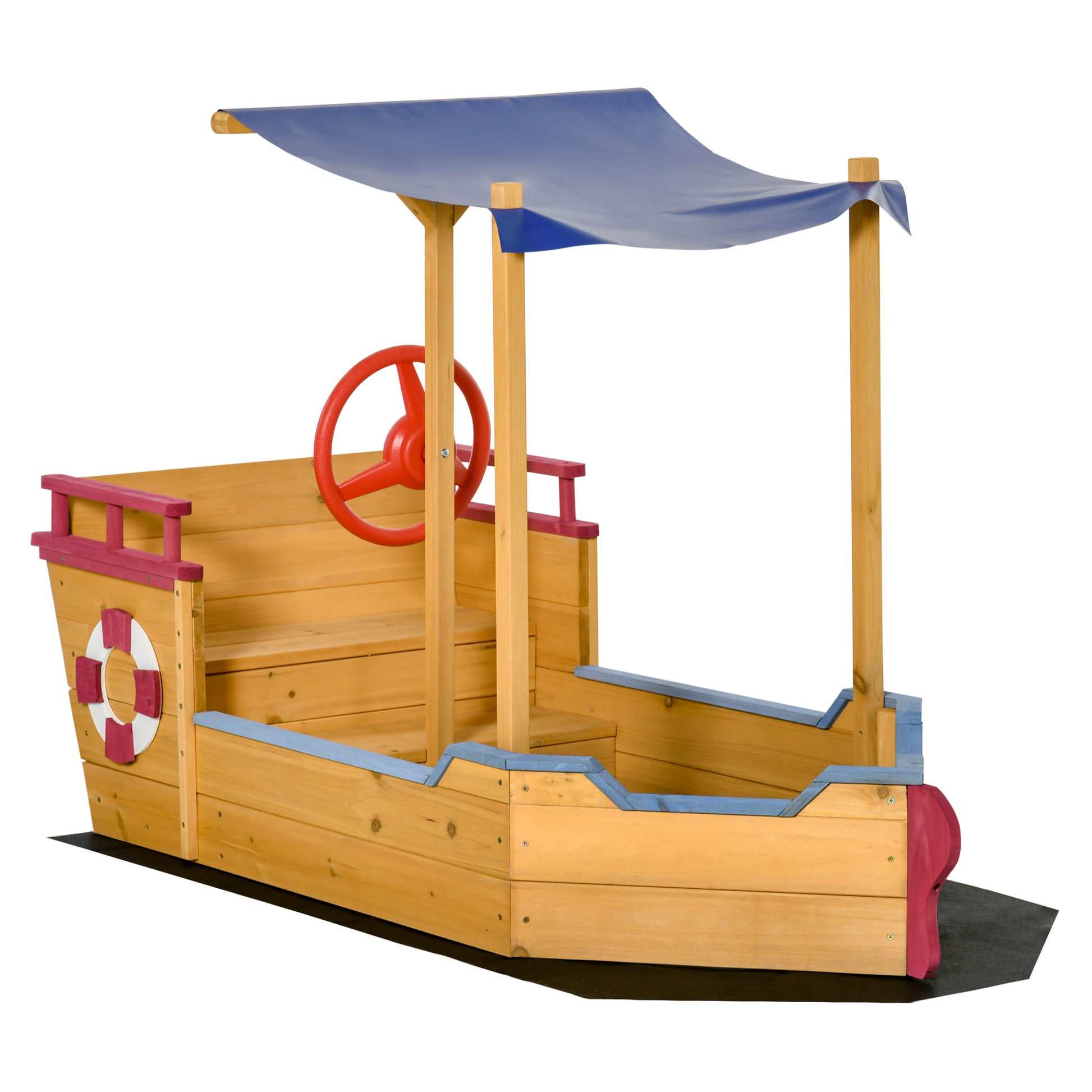 Outsunny Sand Pit, Kids Wooden Sandbox Pirate Ship, Sandboat Play Station with Canopy Shade, Storage Bench and Bottom Liner for Outdoor Garden Default Title