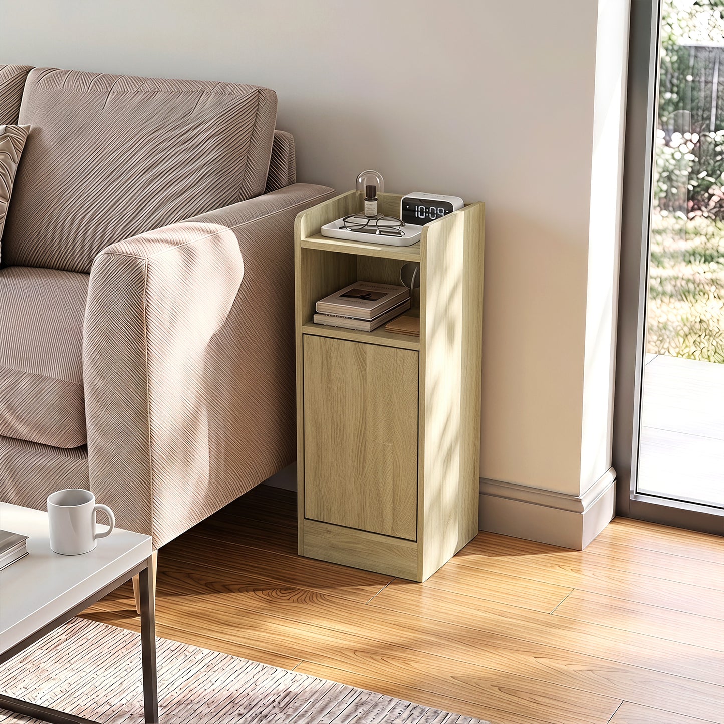 HOMCOM Slim Bedside Table Set of 2 with Charging Station, Narrow Bedside Cabinet with Adjustable Shelf, Oak