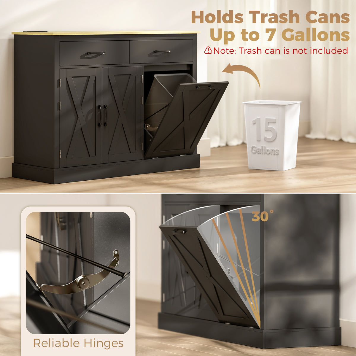 HOMCOM Tilt Out Trash Cabinet with Charging Station, Kitchen Island with Storage, 57 Liter Hidden Rubbish Bin Storage, Black