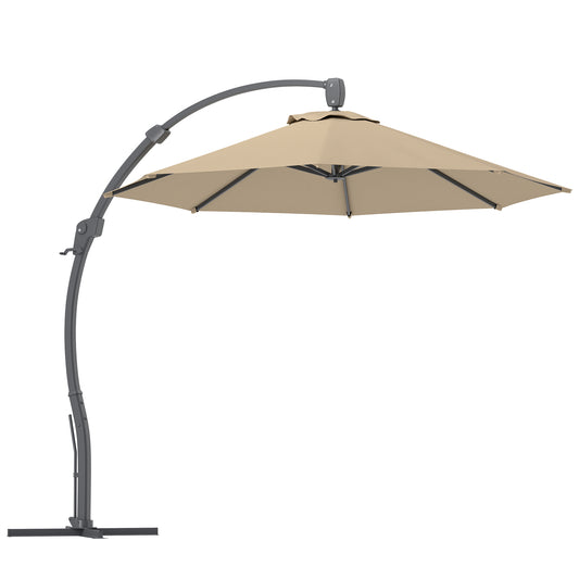Outsunny 3(m) Garden Cantilever Parasol, Round Overhanging Umbrella with Crank Handle, Cross Base, Aluminium Frame and 360Â° Rotation, Banana Patio Umbrella for Outdoor Sun Shade, Khaki