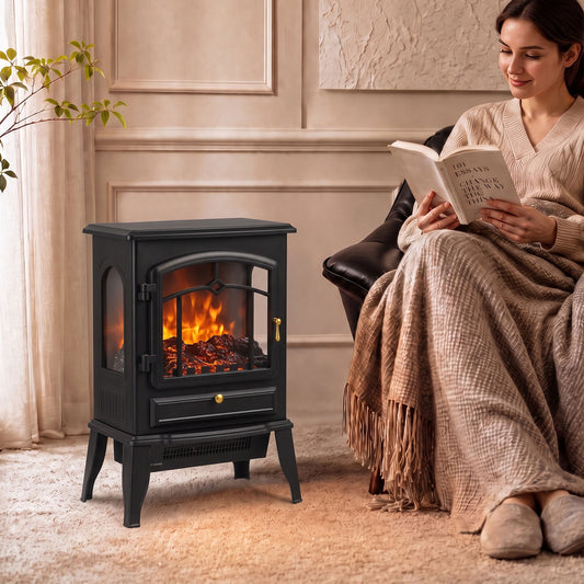 HOMCOM Electric Fireplace Stove, 1000/2000W 3-Sided Freestanding Fireplace Heater with 3D Flame Log, Thermostat, Black