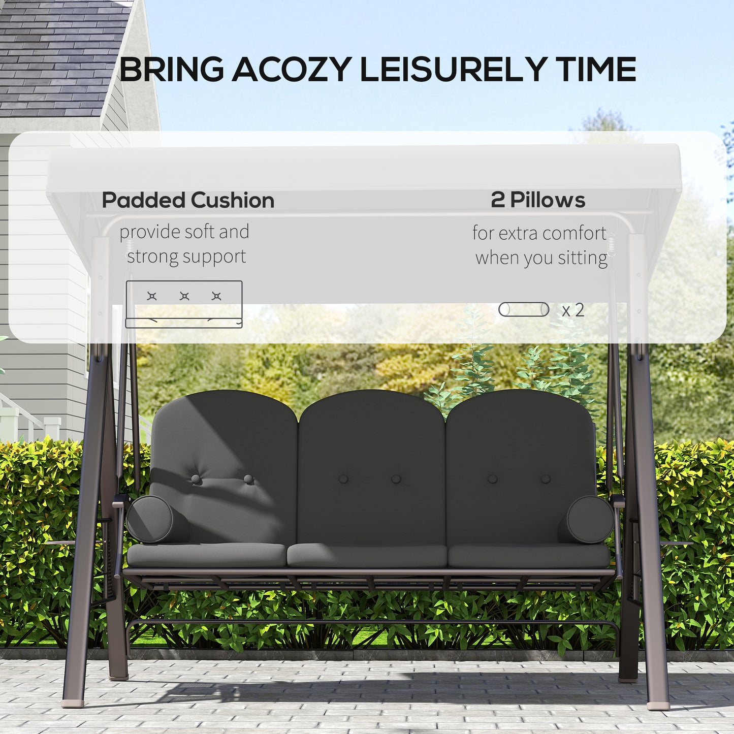 Outsunny 3 Seater Garden Swing Chair Outdoor Hammock Bench w/ Adjustable Canopy, Cushions and Cup Trays, Brown Steel Frame, Dark Grey Fabric