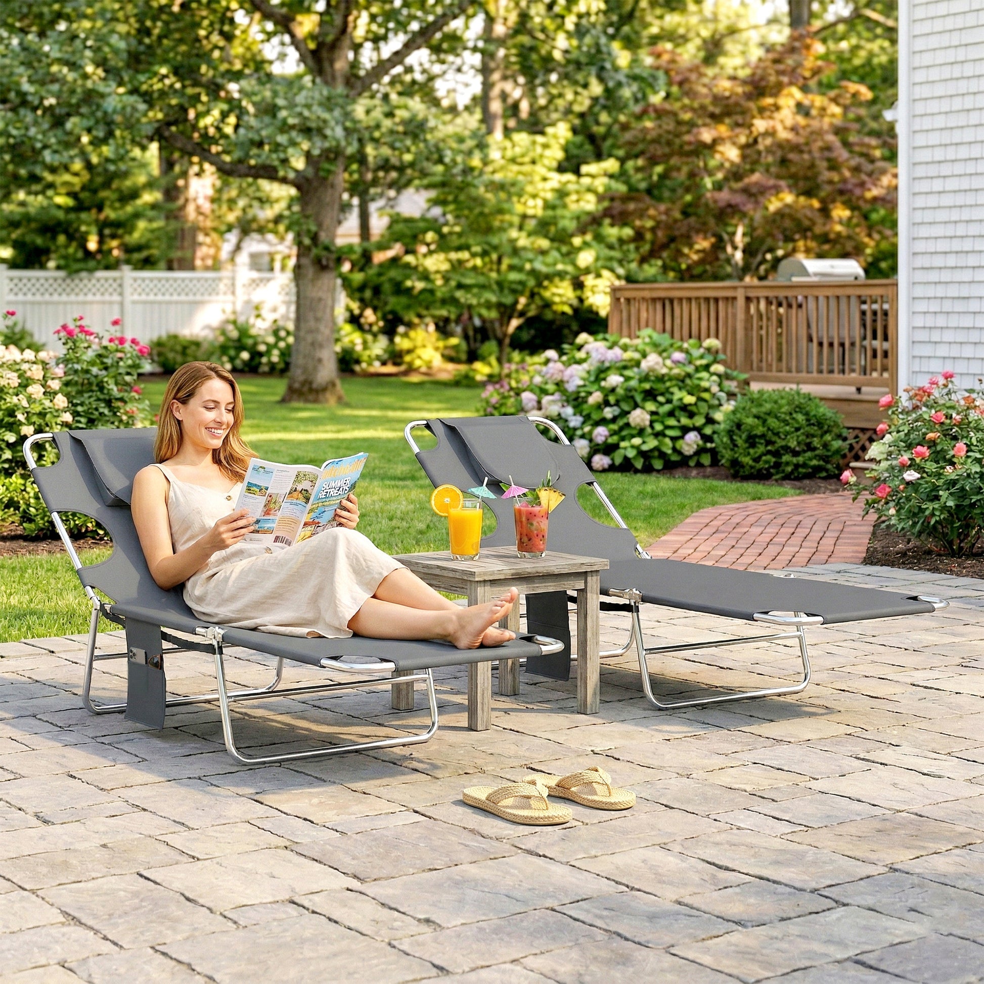 Outsunny 5-Position Adjustable Sun Loungers Set of 2 with Reading Hole and Side Pocket, Dark Grey