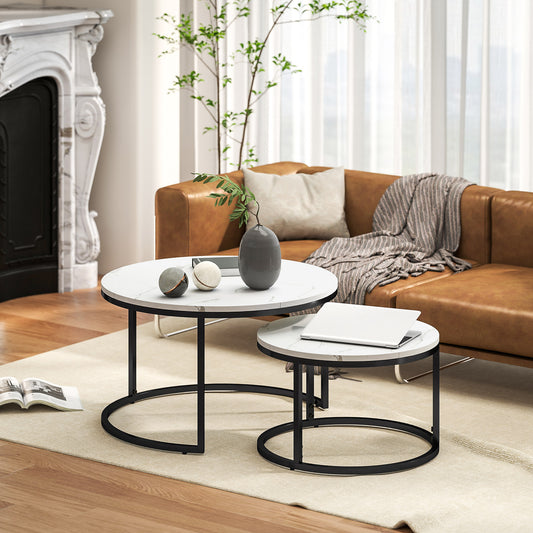 HOMCOM Set of Two Marble-Effect Stacking Tables - Black/White