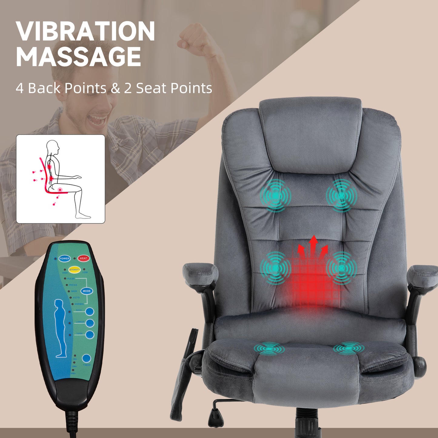 Vinsetto Massage Recliner Chair Heated Office Chair with Six Massage Points Velvet-Feel Fabric 360Â° Swivel Wheels Grey