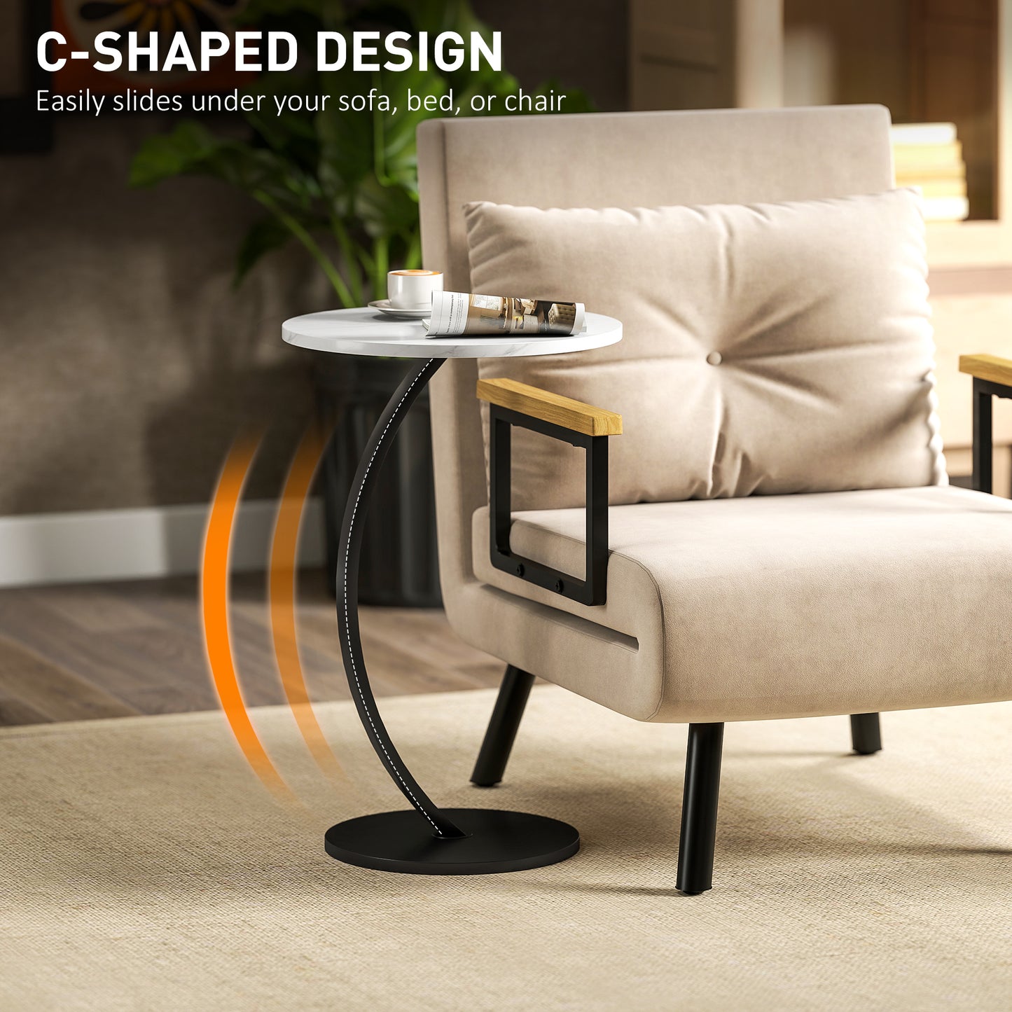 HOMCOM C Shaped Side Table, Round Bedside Table with Marble Effect Top, Modern Coffee Table Sofa End Table with Metal Frame for Living Room Bedroom Office, White