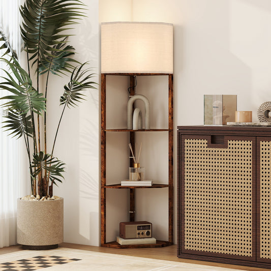 HOMCOM Corner Floor Light, with Shelves - Wood-Effect