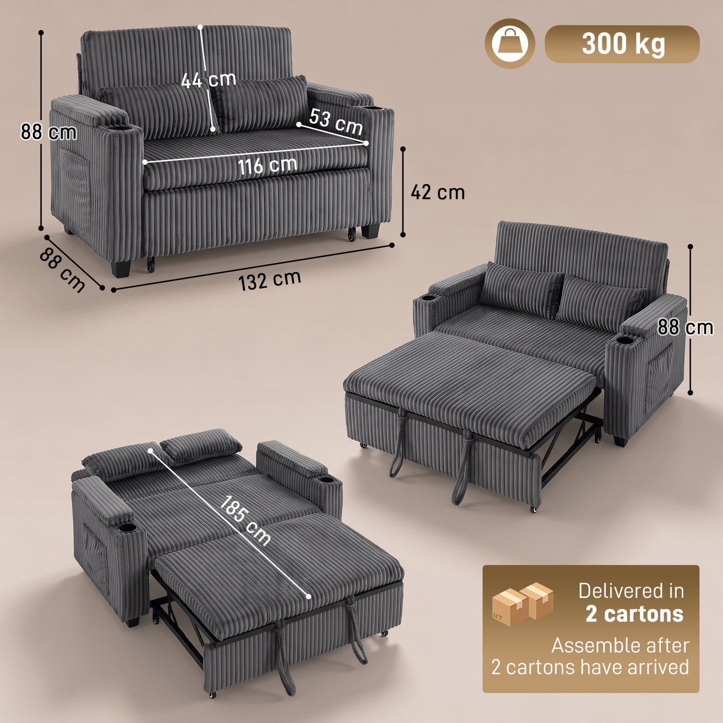 HOMCOM 2 Seater Sofa Bed, Pull Out Sleeper Sofa w/ Adjustable Backrest, Storage Armrests, Cup Holders, Side Pockets, Dark Grey