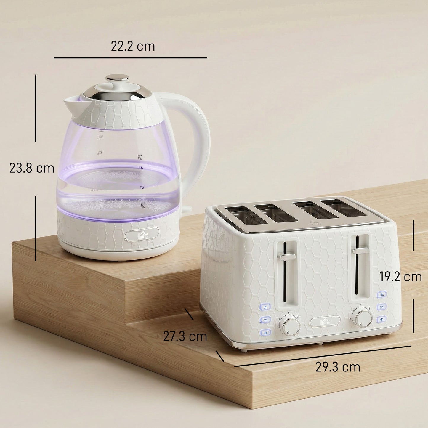HOMCOM Kettle and Toaster Set, 1.7L 3000W Rapid Kettle with Strix Thermostat, 4 Slice Toaster with 7 Browning Controls, Cream
